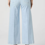 Light blue wide-leg jeans worn by a person on a white background