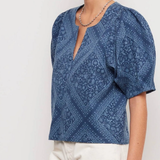 Woman wearing a blue patterned blouse with white pants on a light gray background
