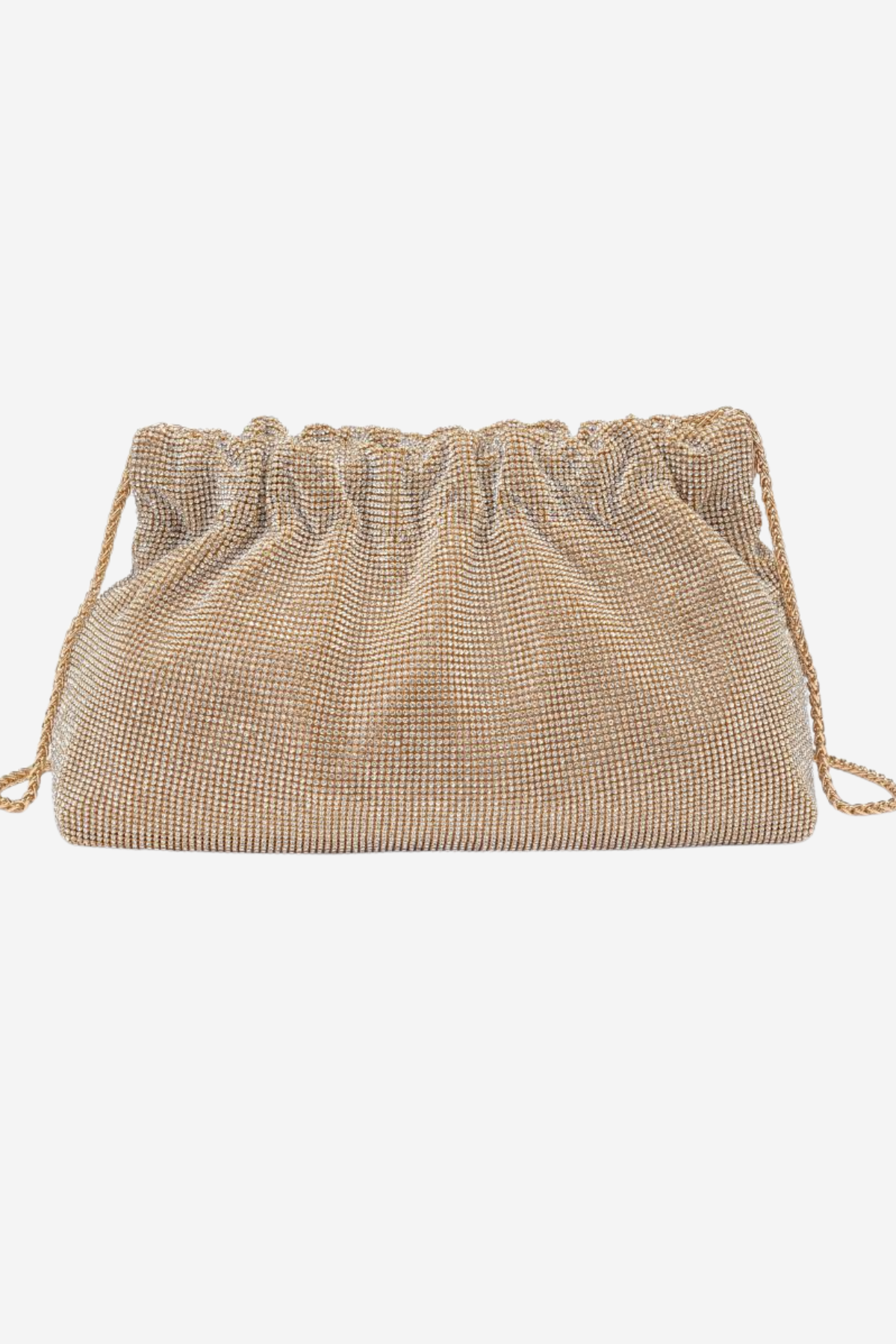 A small drawstring clutch bag with a textured, woven metallic mesh body in a champagne gold color, shown against a plain light gray background.