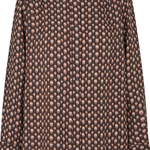 A long-sleeve button-up shirt with a high mock neck, featuring an all-over repeating pattern of small beige and light brown skulls on a dark brown background.