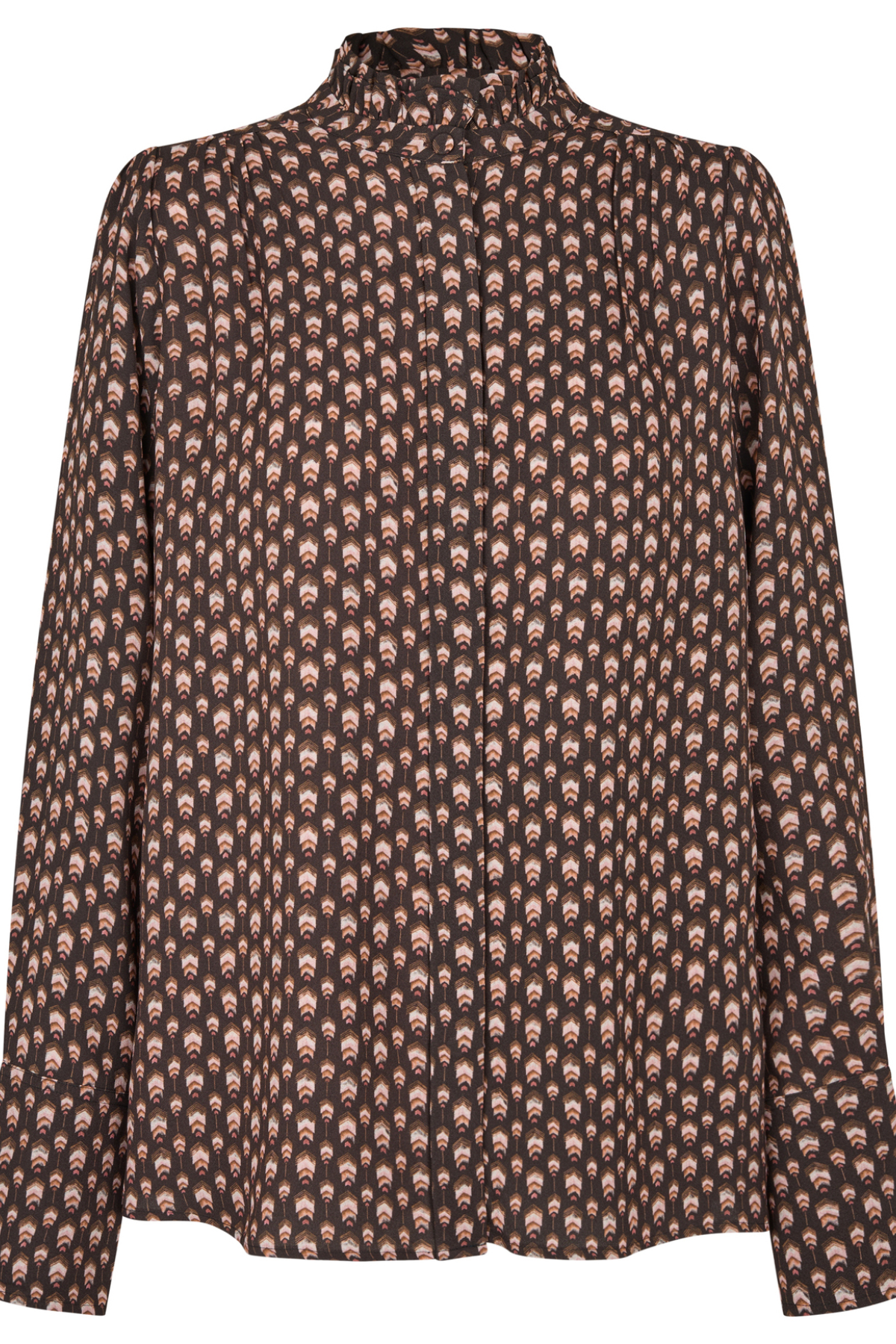 A long-sleeve button-up shirt with a high mock neck, featuring an all-over repeating pattern of small beige and light brown skulls on a dark brown background.