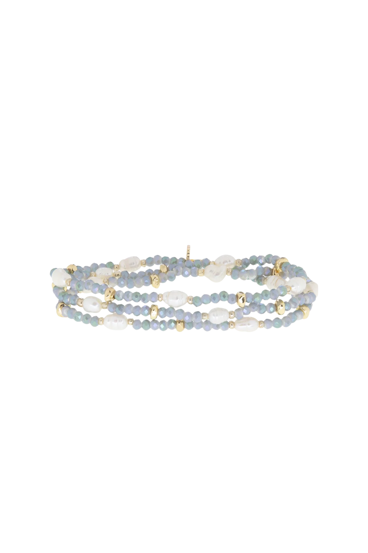 Multistrand beaded bracelet with gold accents on a white background