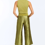 A woman shown from the back wearing a sleeveless olive green top and matching wide-leg cropped pants, paired with beige heels, against a plain white studio background.