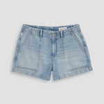 Blue denim shorts on a light gray background
