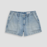 Blue denim shorts on a light gray background