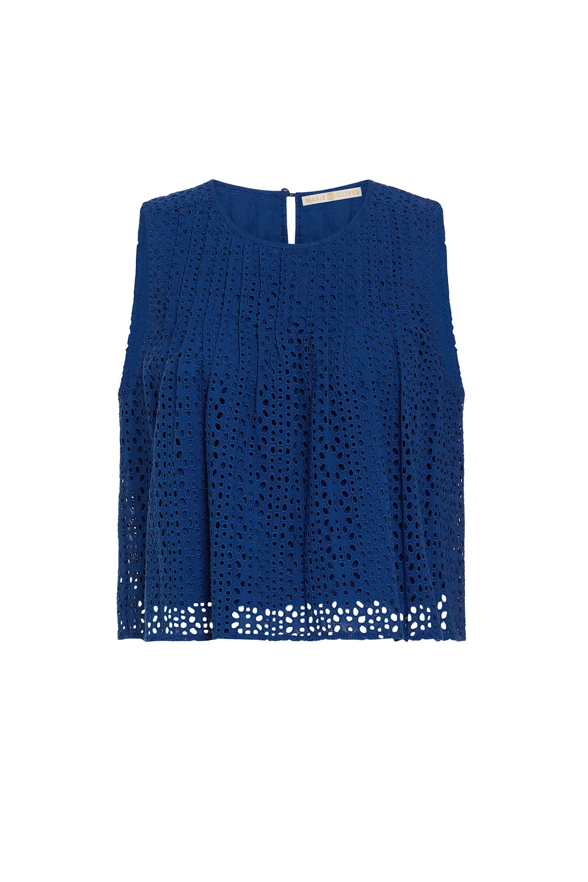 Blue sleeveless top with lace detailing on a white background