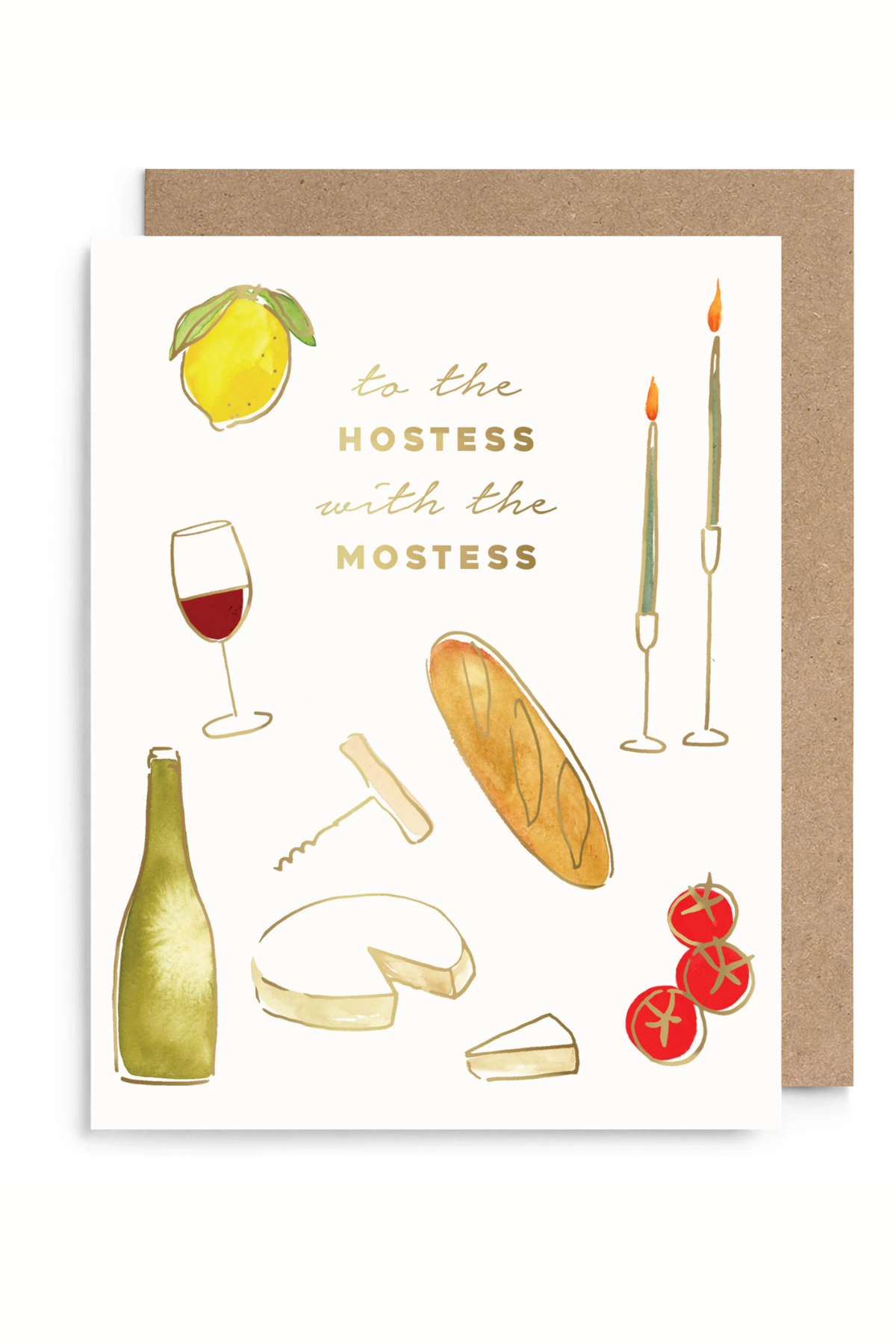 A white greeting card with gold text reading 'to the HOSTESS with the MOSTESS' and illustrated food and drink motifs, shown with a brown kraft envelope behind it on a white background.