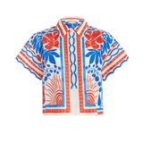 Short-sleeve shirt with a colorful floral pattern on a white background
