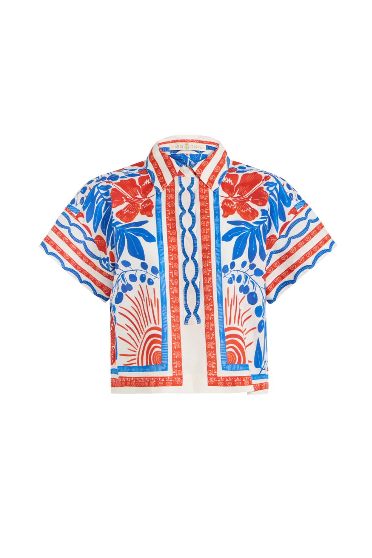 Short-sleeve shirt with a colorful floral pattern on a white background