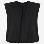 Women's black short-sleeve top featuring a bubble hem and relaxed silhouette.