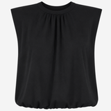 Women's black short-sleeve top featuring a bubble hem and relaxed silhouette.