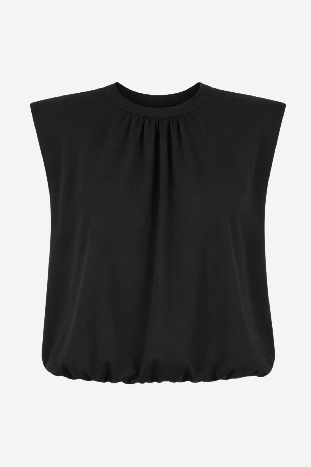 Women's black short-sleeve top featuring a bubble hem and relaxed silhouette.