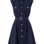 A sleeveless navy blue pinstriped shirt dress with a pointed collar, button-down front, two chest flap pockets, and a matching fabric belt with a silver buckle, shown on a plain white background.