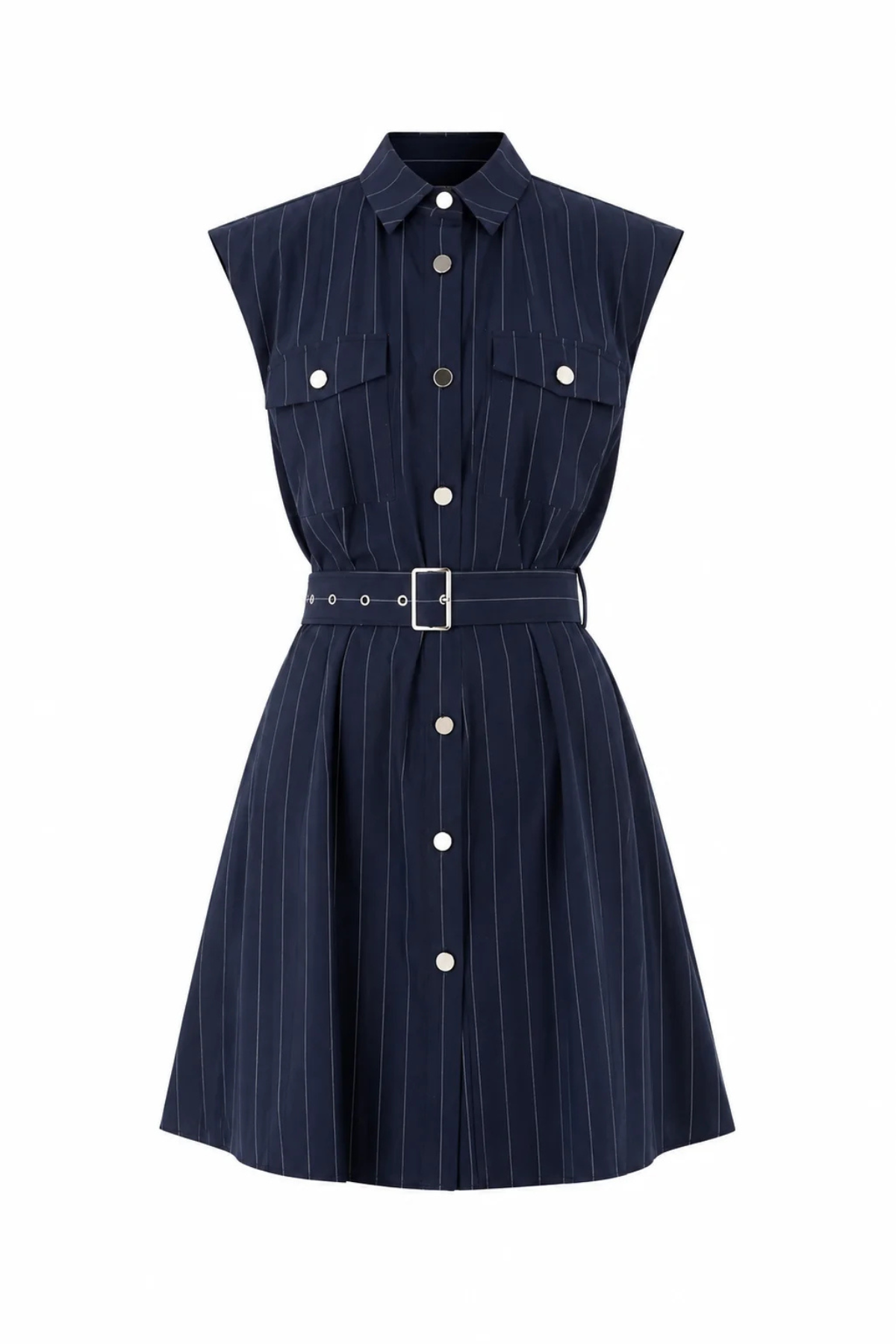A sleeveless navy blue pinstriped shirt dress with a pointed collar, button-down front, two chest flap pockets, and a matching fabric belt with a silver buckle, shown on a plain white background.