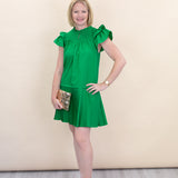 Green Double Flutter Short Sleeve Dress with Pleated Skirt
