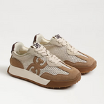 Pair of brown and beige sneakers on a white background