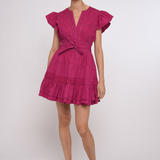 Model wearing a bright pink mini dress with a fitted waist and short sleeves.