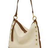 Beige handbag with brown accents on a white background