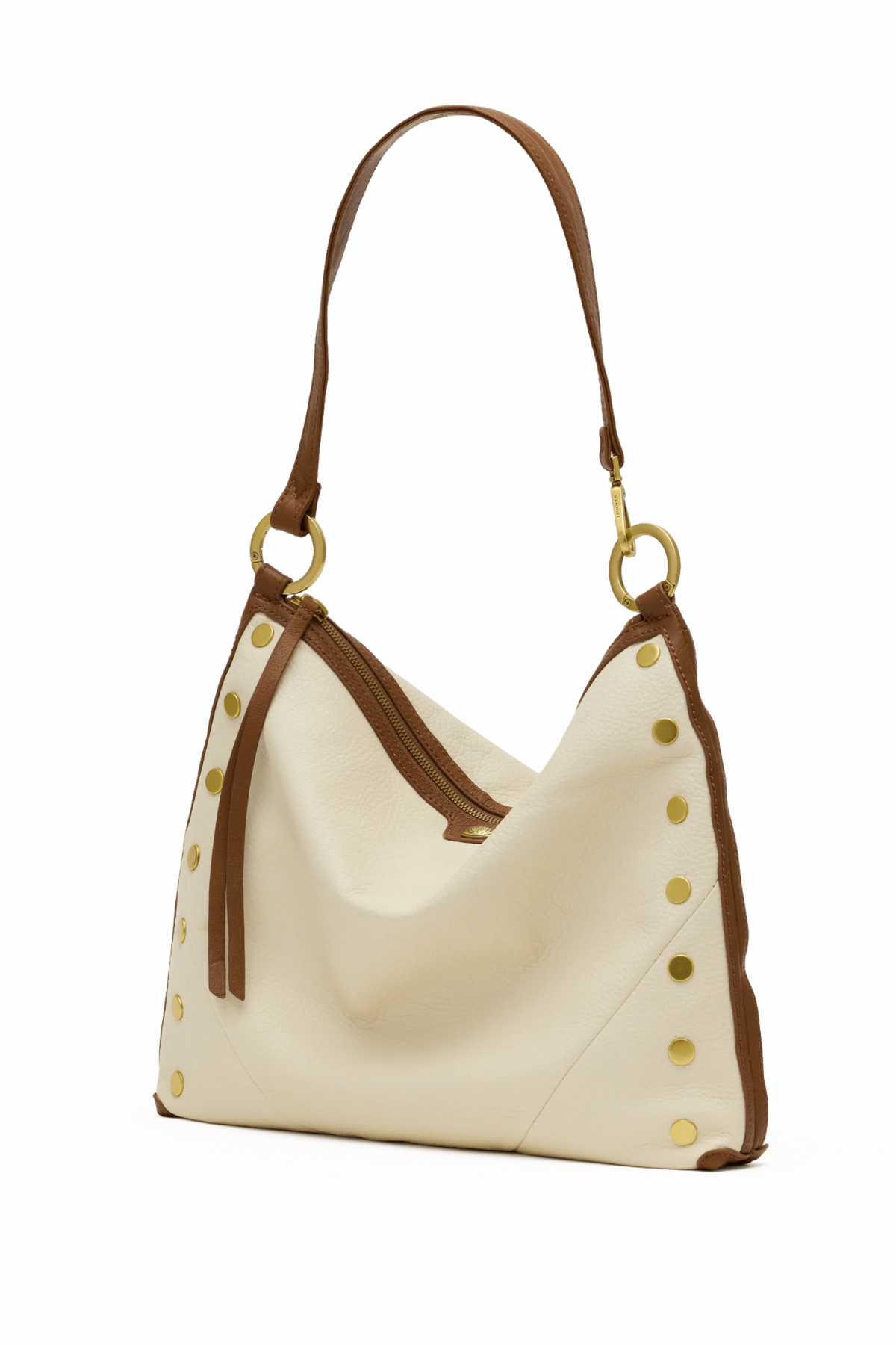 Beige handbag with brown accents on a white background
