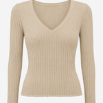 A beige ribbed knit long-sleeve V-neck top, shown on a ghost mannequin against a plain white background.