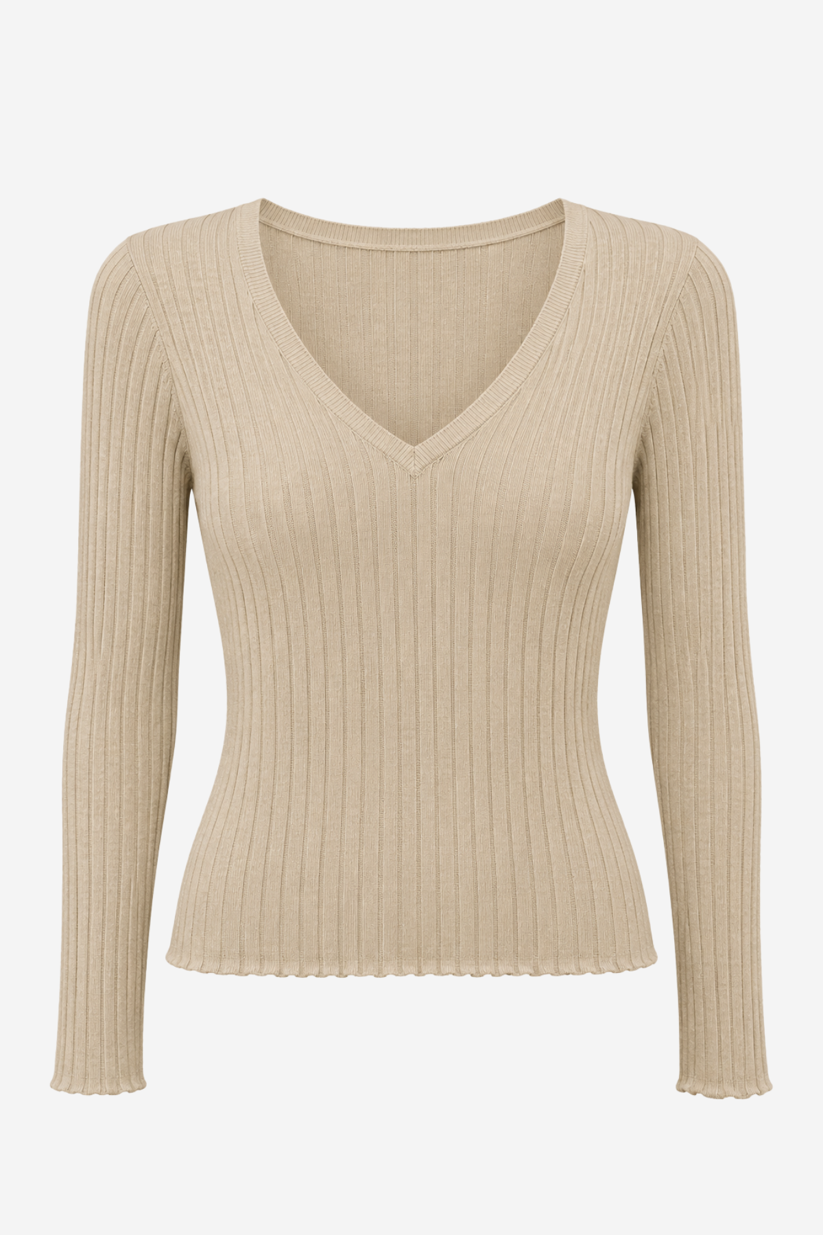 A beige ribbed knit long-sleeve V-neck top, shown on a ghost mannequin against a plain white background.