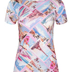 T-shirt with colorful travel-themed design on a white background