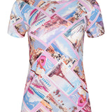 T-shirt with colorful travel-themed design on a white background