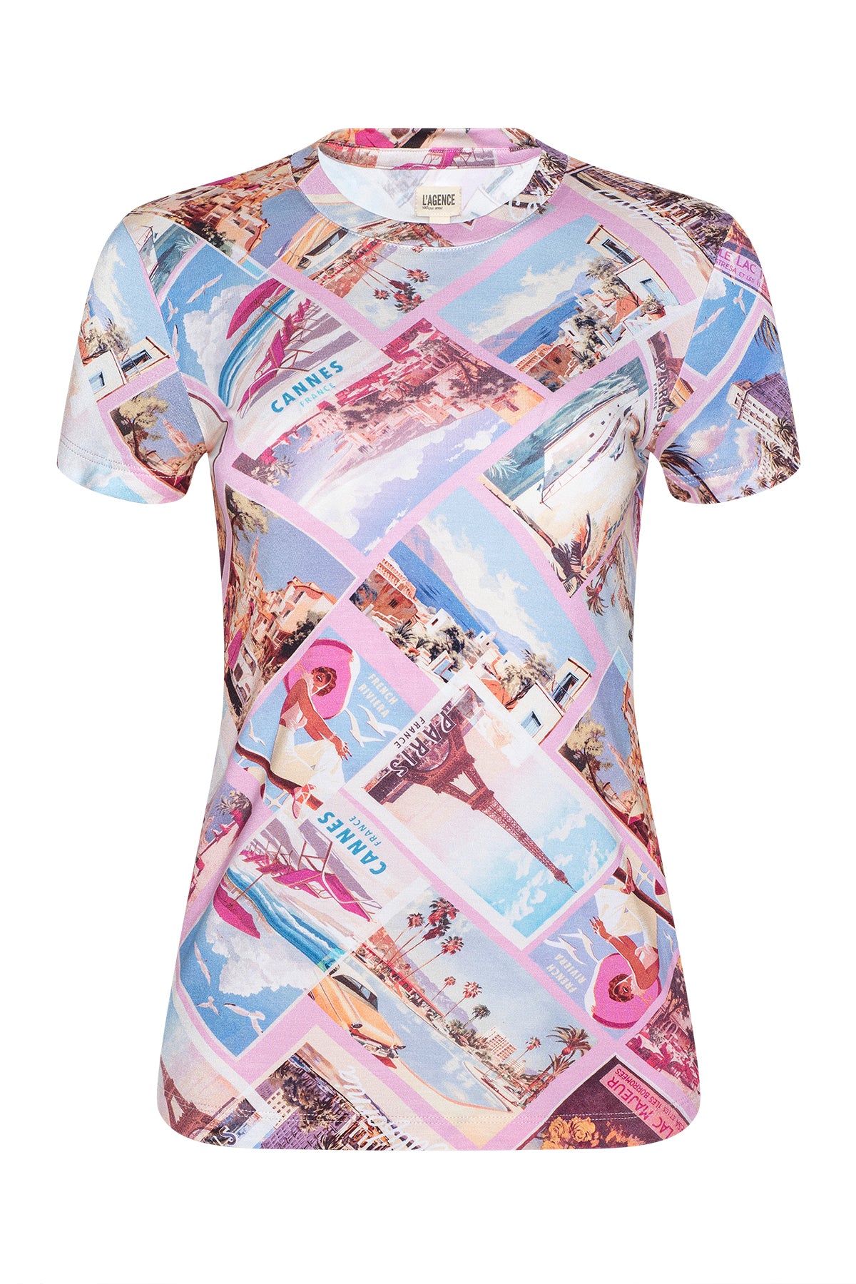 T-shirt with colorful travel-themed design on a white background