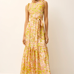 Woman wearing a floral dress on a white background