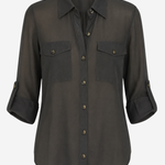 A dark charcoal gray button-down shirt with three-quarter sleeves, featuring two buttoned chest pockets and a pointed collar, shown against a plain light gray background.