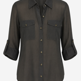 A dark charcoal gray button-down shirt with three-quarter sleeves, featuring two buttoned chest pockets and a pointed collar, shown against a plain light gray background.
