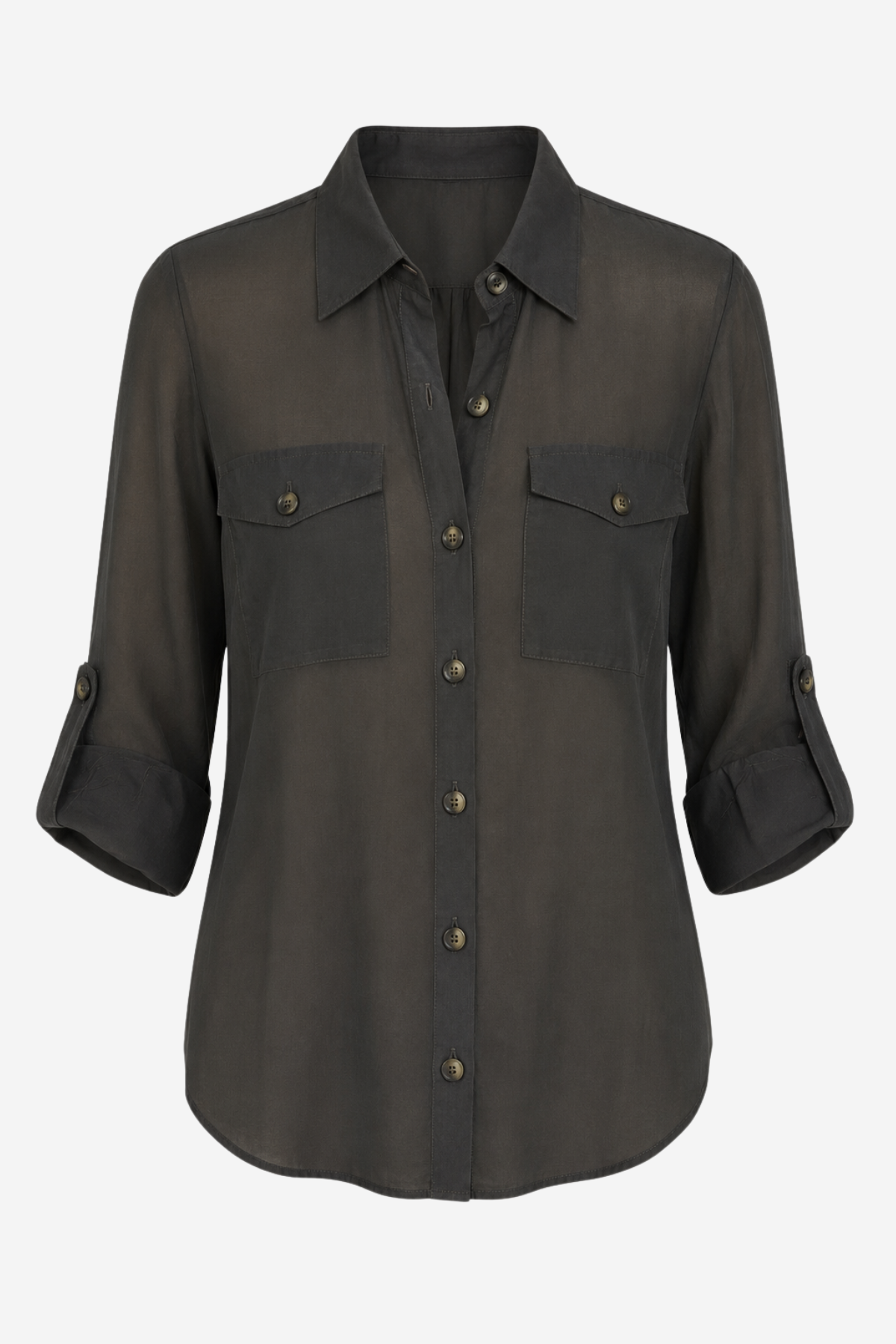 A dark charcoal gray button-down shirt with three-quarter sleeves, featuring two buttoned chest pockets and a pointed collar, shown against a plain light gray background.