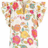 Floral blouse with ruffled sleeves on a white background
