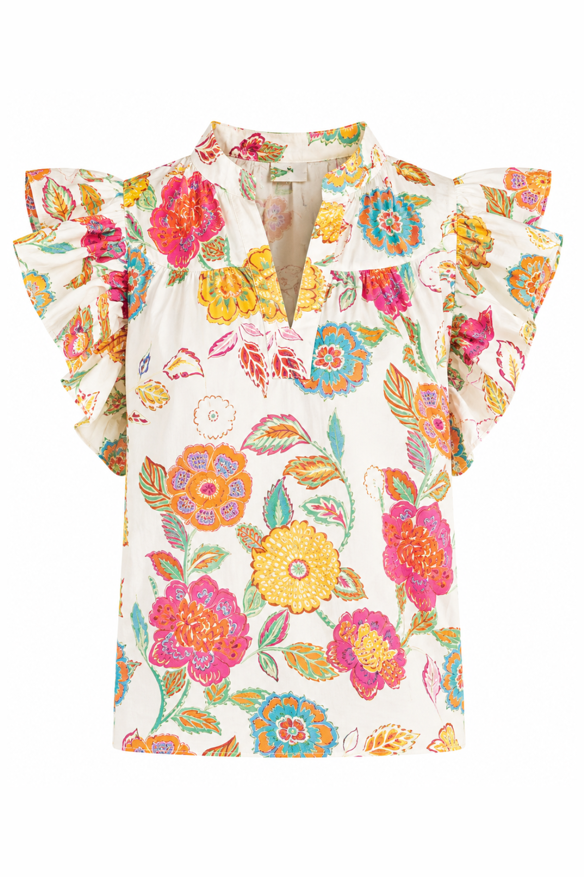 Floral blouse with ruffled sleeves on a white background