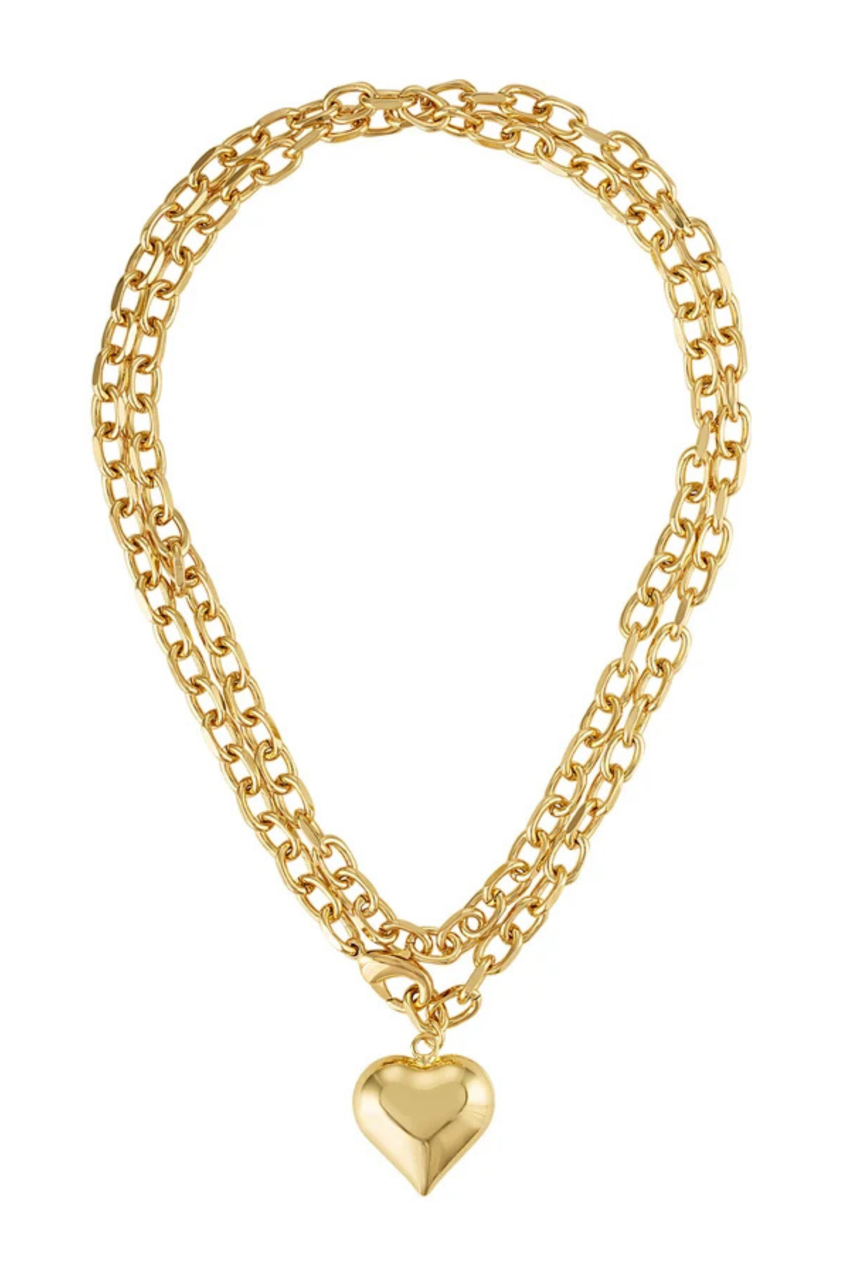 A double-layered gold chain necklace with a polished gold heart pendant, displayed on a clean white background.
