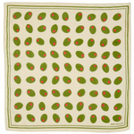 A square scarf featuring a repeating pattern of green olives with small red pits on an off-white background, bordered by a thin green double-line frame. The brand name is printed in the bottom right corner.