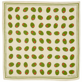 A square scarf featuring a repeating pattern of green olives with small red pits on an off-white background, bordered by a thin green double-line frame. The brand name is printed in the bottom right corner.