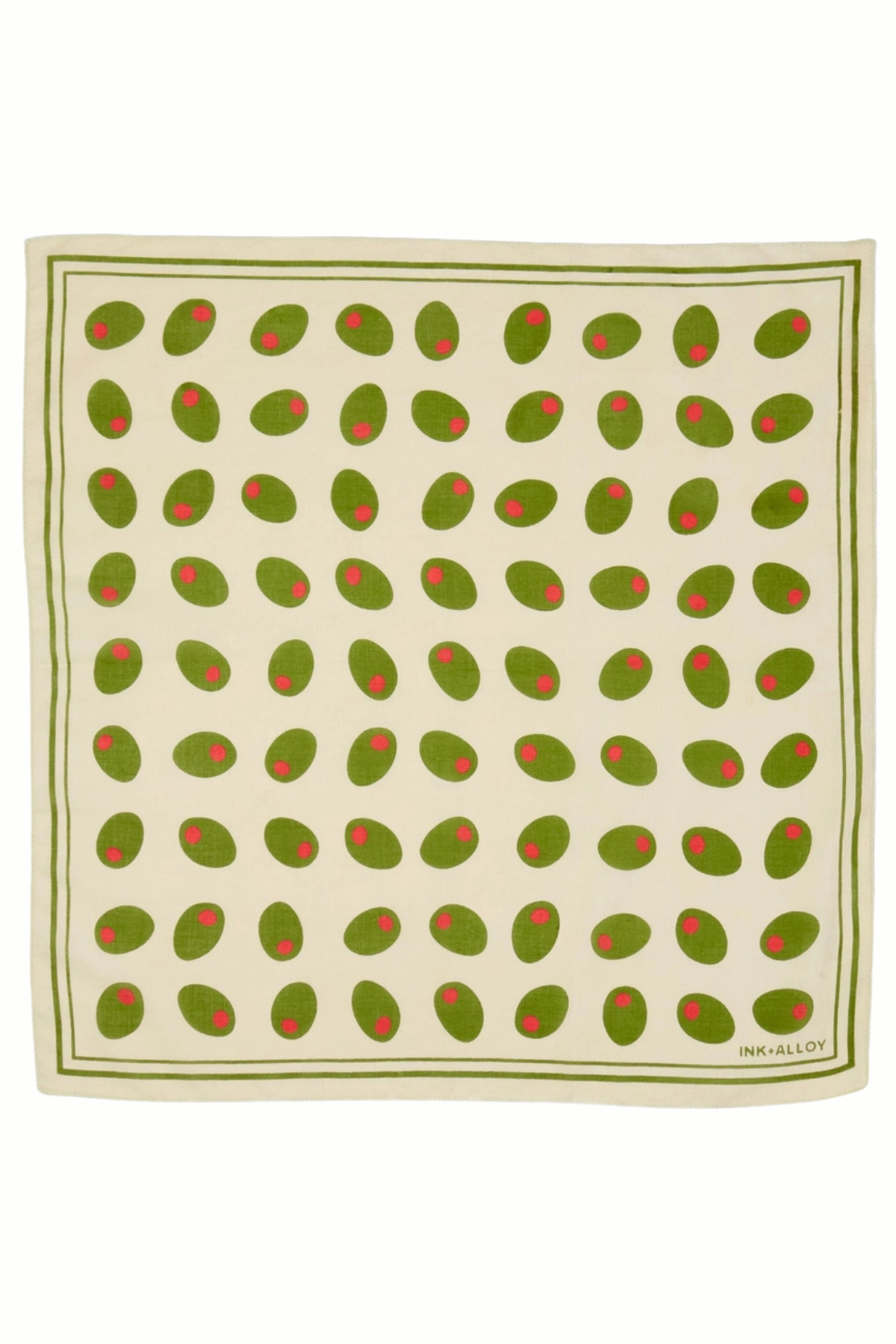 A square scarf featuring a repeating pattern of green olives with small red pits on an off-white background, bordered by a thin green double-line frame. The brand name is printed in the bottom right corner.