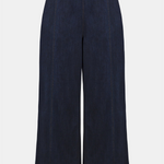 Navy blue wide-leg pants on a light gray background