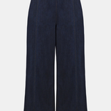 Navy blue wide-leg pants on a light gray background