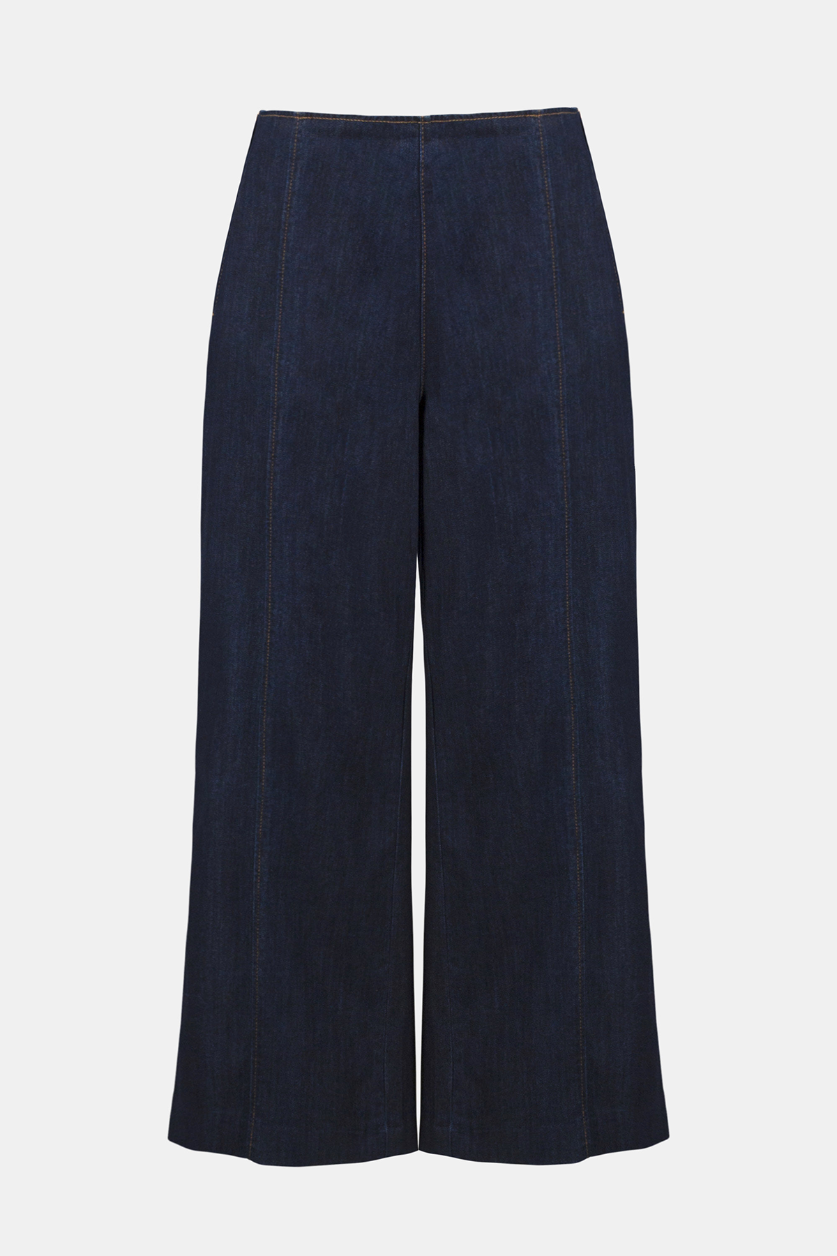 Navy blue wide-leg pants on a light gray background