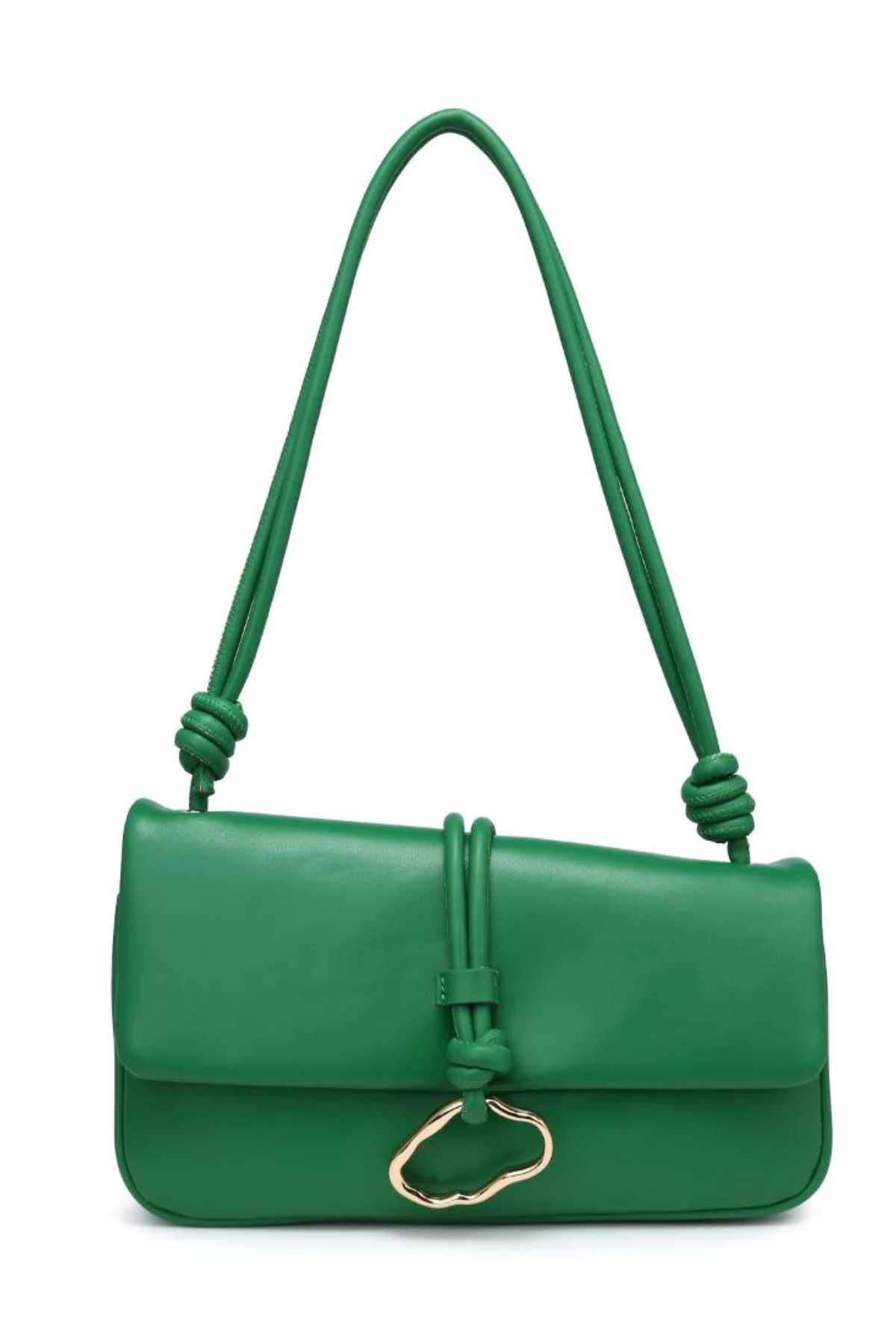 Green handbag with a gold clasp on a white background