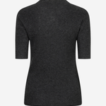 A dark charcoal gray ribbed knit top with three-quarter sleeves, shown from the back on a light gray background.