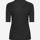 A dark charcoal gray ribbed knit top with three-quarter sleeves, shown from the back on a light gray background.