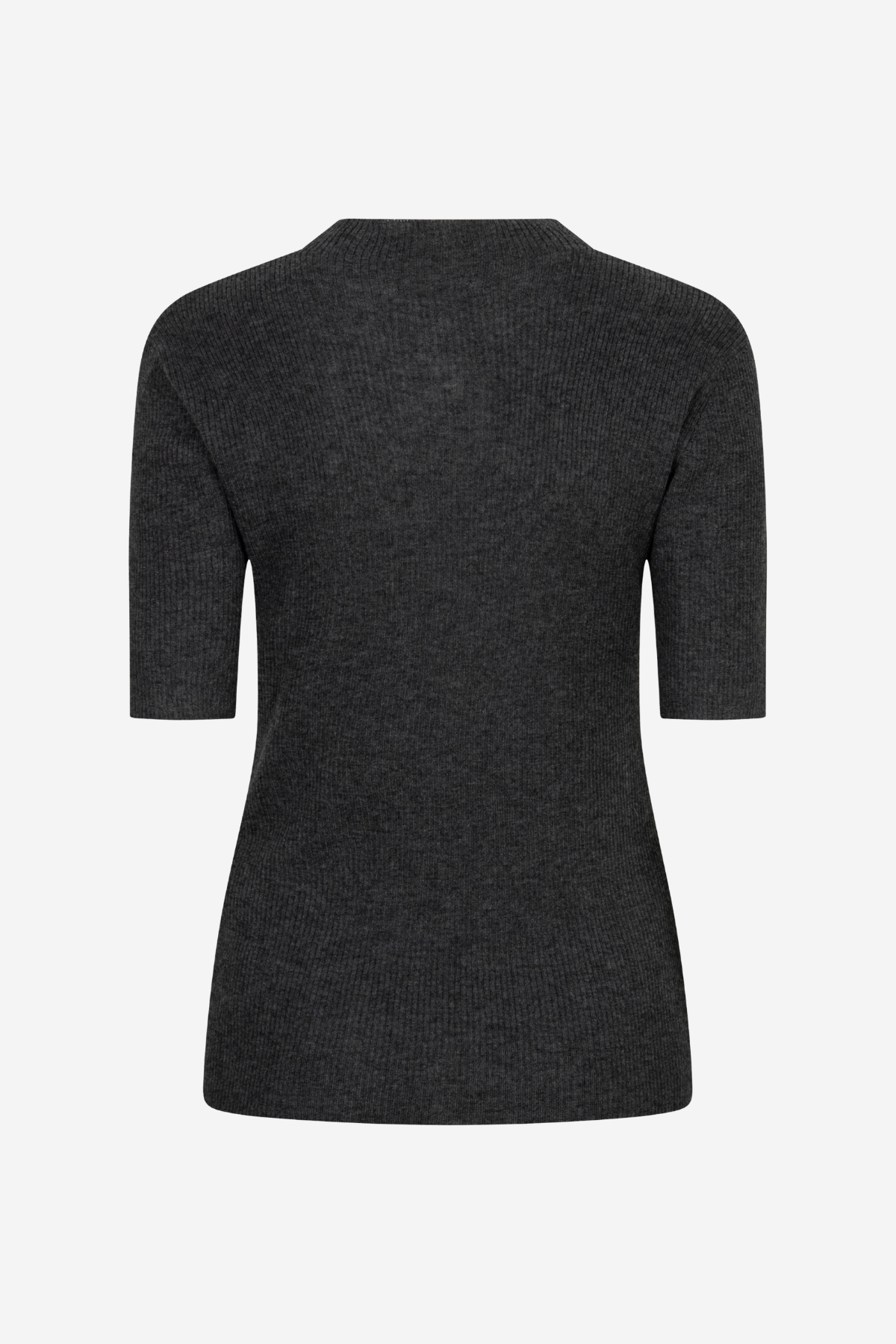 A dark charcoal gray ribbed knit top with three-quarter sleeves, shown from the back on a light gray background.