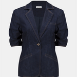 Navy blue blazer on a light gray background