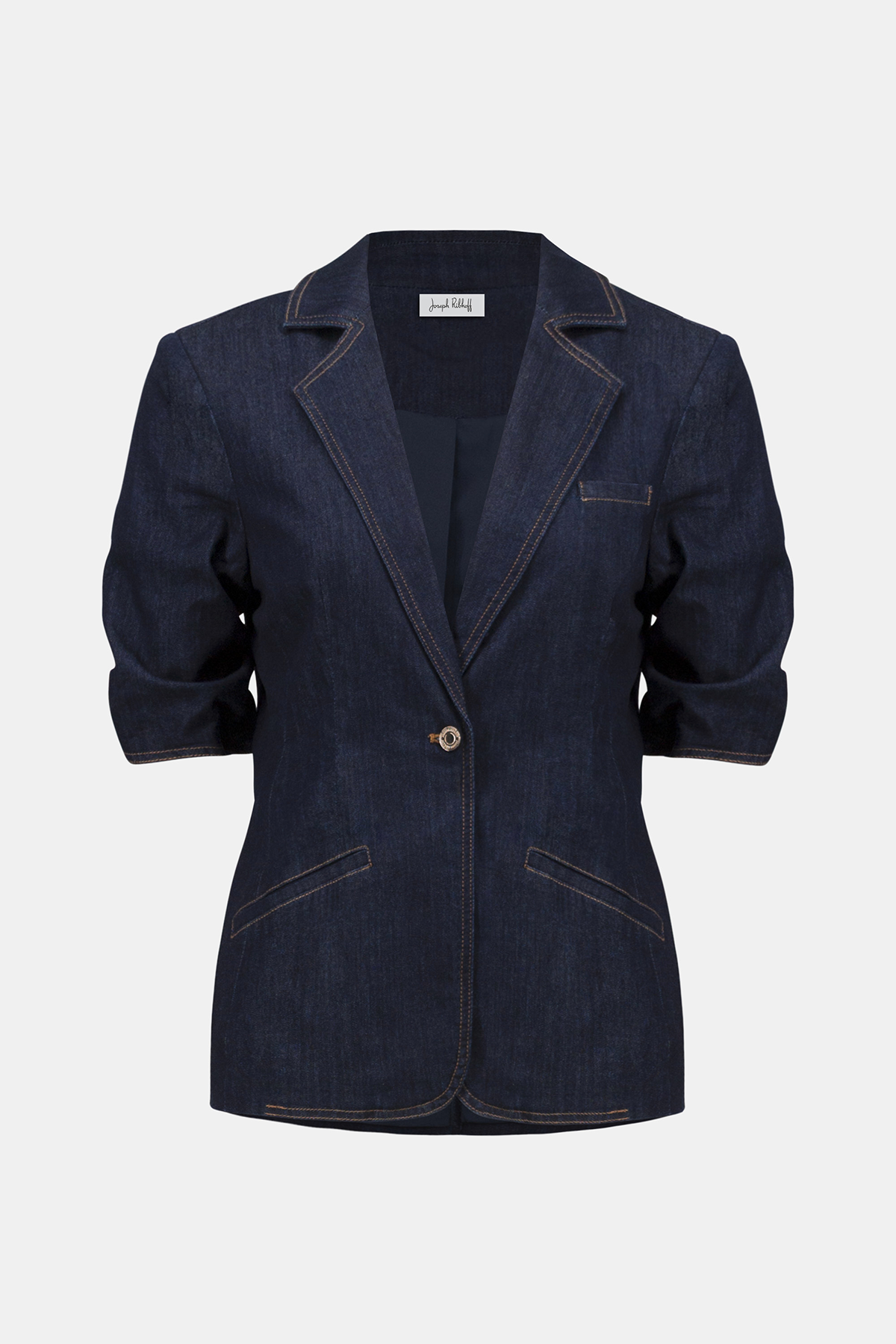 Navy blue blazer on a light gray background