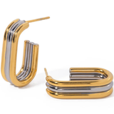 Two gold and silver two-tone hoop earrings with a stacked, layered design, displayed on a clean white background.