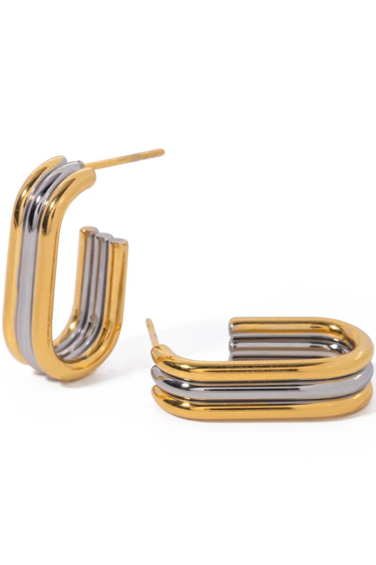 Two gold and silver two-tone hoop earrings with a stacked, layered design, displayed on a clean white background.