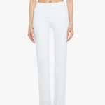 Person wearing a white outfit with high-waisted pants on a white background